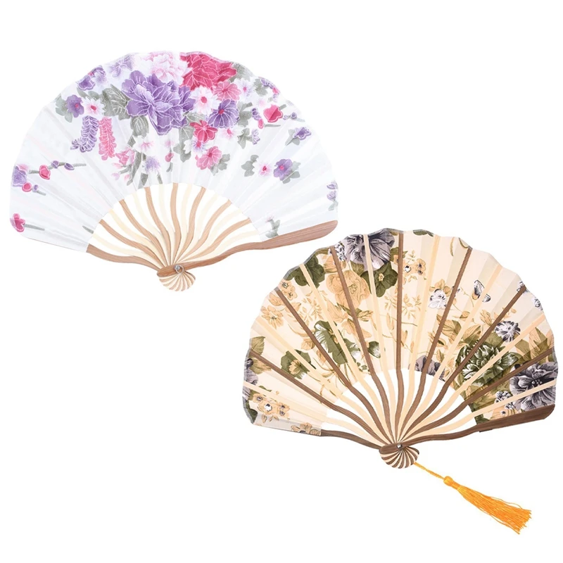 Bamboo Flower Printed Japanese Style Foldable Hand Held Fan Gift Decor & Classic Style Peony Flower Fabric Bamboo Folding Dance