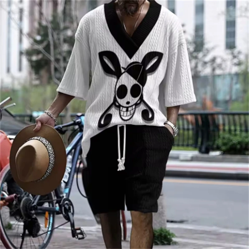 

New daily casual V-neck comfortable half-sleeve set, 3D digital printing personalized customization, street men's style