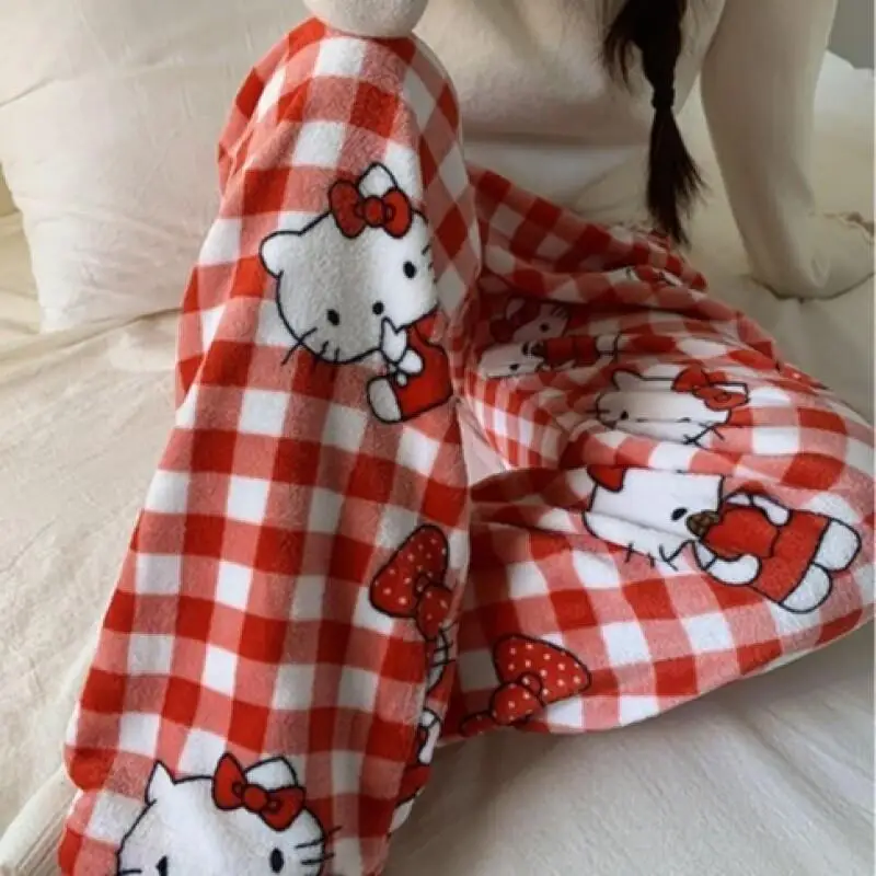 

Теплые домашние штаны Sanrio Hello Kitty из фланелевого кораллового флиса для женщин и студенток, для общежития, повседневные, новые, осенне-зимние, пижамные