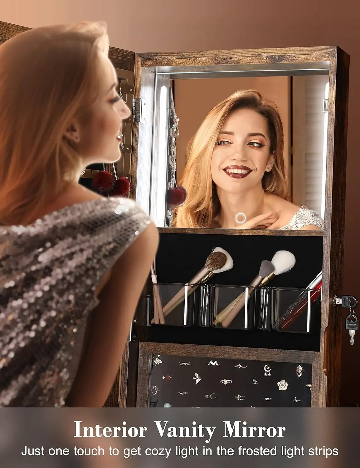 360 °     خزانة مجوهرات دوارة مع أضواء، مرآة زينة بشاشة تعمل باللمس، مرآة كاملة الطول قابلة للدوران مع مساحة تخزين للمجوهرات #3