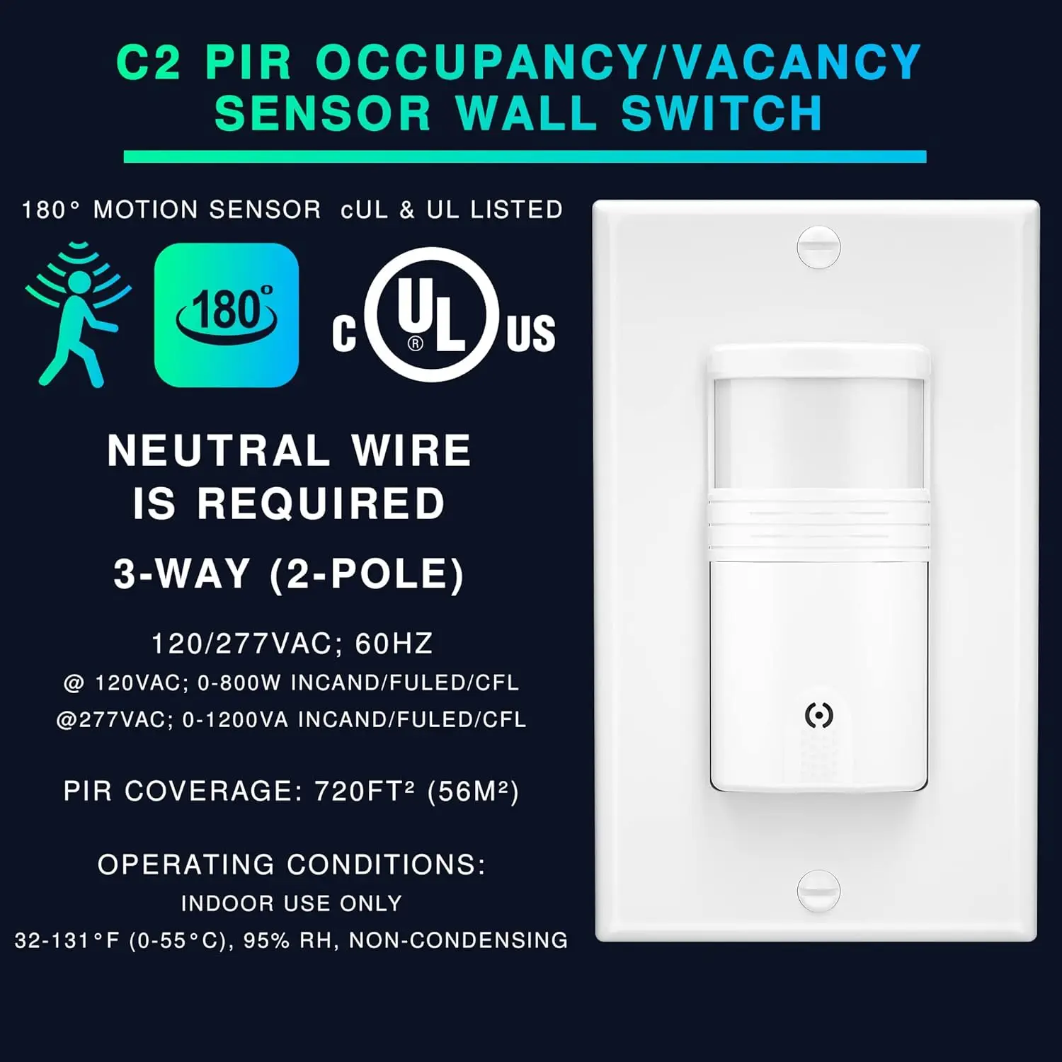 3-way motion sensor light switch (non-unipolar), neutral line required, indoor wall occupancy sensor with wall panel