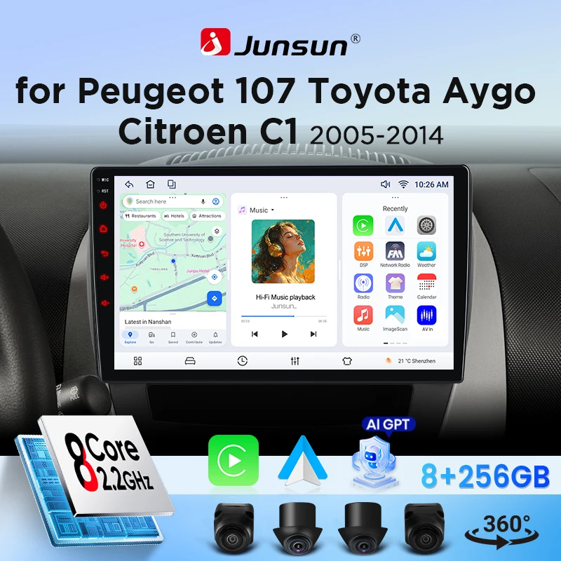 Autoradio Junsun pour Peugeot 107/ Toyota Aygo/ Citroën C1, CarPlay, Android Auto, FM, RDS, DSP, BT, GPS, Navi, SWC, écran tactile HD IPS, Plug & Play, lecteur multimédia, appels mains libres, style d'origine, unité principale