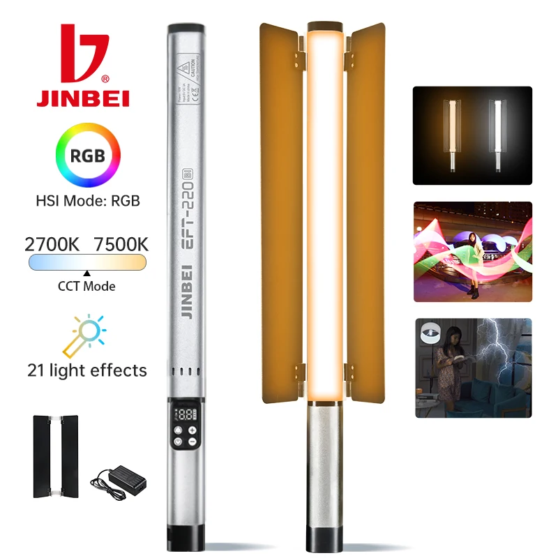 JINBEI EFT220BI Portable LED Video Light 2700-7500K RGB 14W Wand Stick Photography Tube with Barn Door for Tiktok