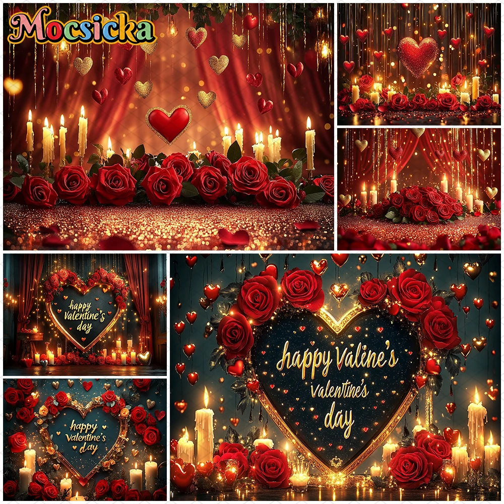 

Mocsicka Happy Valentine's Day Photo Backdrop Romantic Red Rose Gold Heart Shape Love Decorations Wedding Photography Background