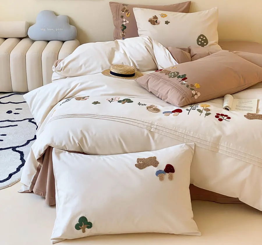 Cute cartoon embroidery squirrel rabbit bear bedding set,full queen king cotton home textile bed sheet pillow case duvet cover