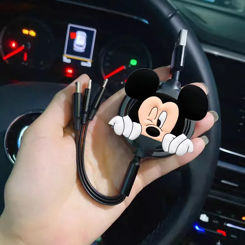 MINISO Car travel Mickey Mouse 3 IN 1 Fast charging data cable type-c Mini USB charging For Iphone Android Phone Xiaomi Huawei