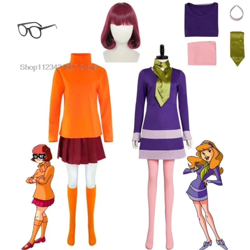 ملابس تنكرية للنساء والفتيات من Velma-Anime ، زي دافني الموحد ، شعر مستعار ، برتقالي ، تنورة علوي ، جوارب ، نظارات ، مجموعة أزياء هالوين ، لعب الأدوار في الحفلات