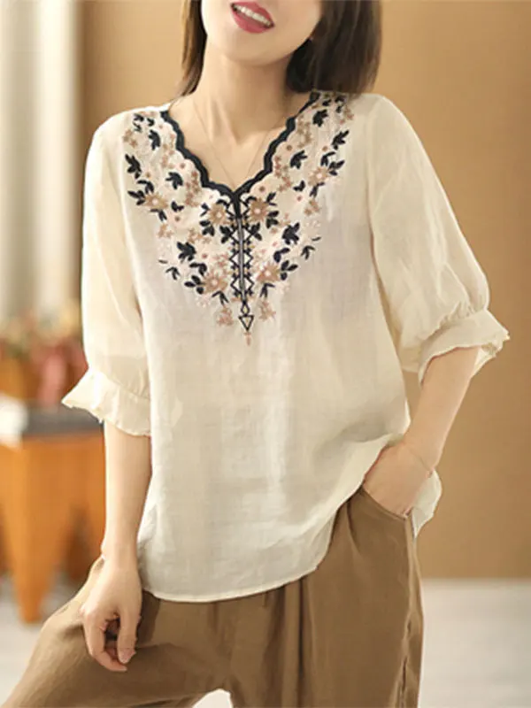 Ele V-Ne ort Sve Ricamato Lino Cotone irt Donna Estate Casual Vestibilità ampia Stampato irt Protezione UV