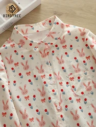 Autumn Cotton Shirts Women Round Collar Rabbit Printing Tops Button Up Long Sleeve Loose Casual Blouses Spring New 2023 T37951JC