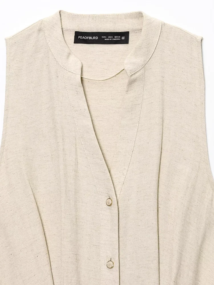 2025 المرأة الصيف قمصان ميدي فستان خمر الصلبة س الرقبة حزام الكتان واحدة الصدر الإناث أنيقة الشارع فساتين الملابس #5