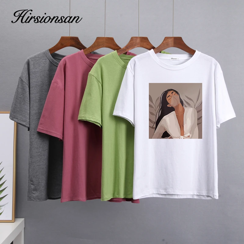 Hirsionsan T Shirt Women 2023 New Summer Githic Print Chic Tees 100% Cotton Vintage Jumper Clothes Oversized Casual Pullover Top