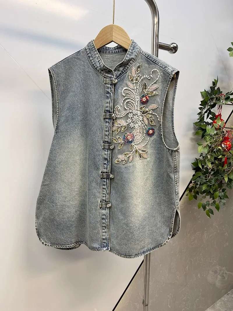 Denim Coats Women Vests Coat Round Neck Sleeveless Y2k Streetwear Jeans Jackets Work Casual Embroidery Splice Vest Jacket 2025