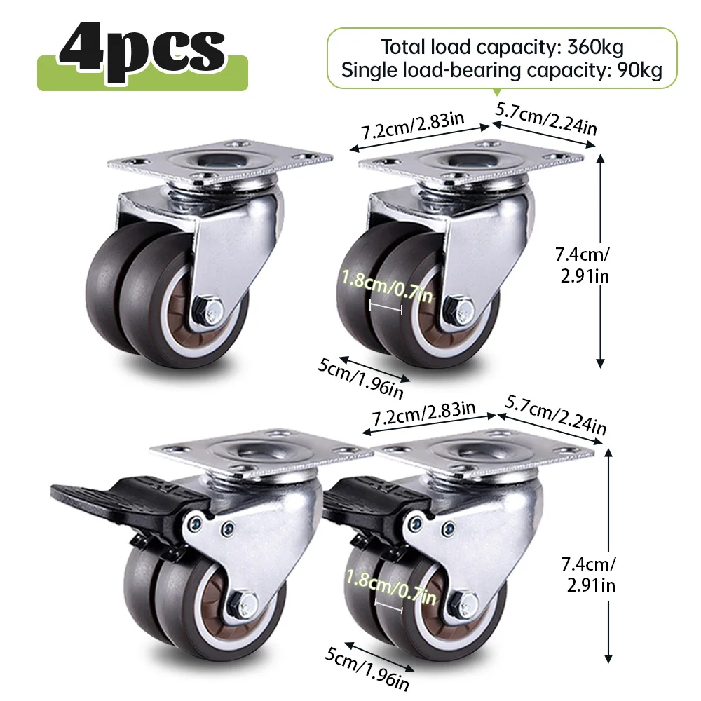 4pcs 2 Inch Silent Swivel Casters TPR Rubber Wheels Furniture Casters for Sofa Bed Cabinet Easy to Install 90kg Load Capacity