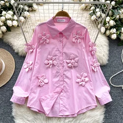 Vintage Polo-neck Elegant Long Sleeves Chic Three-dimensional Floral Slim Loose Top Korean High Street Autumn Blouse