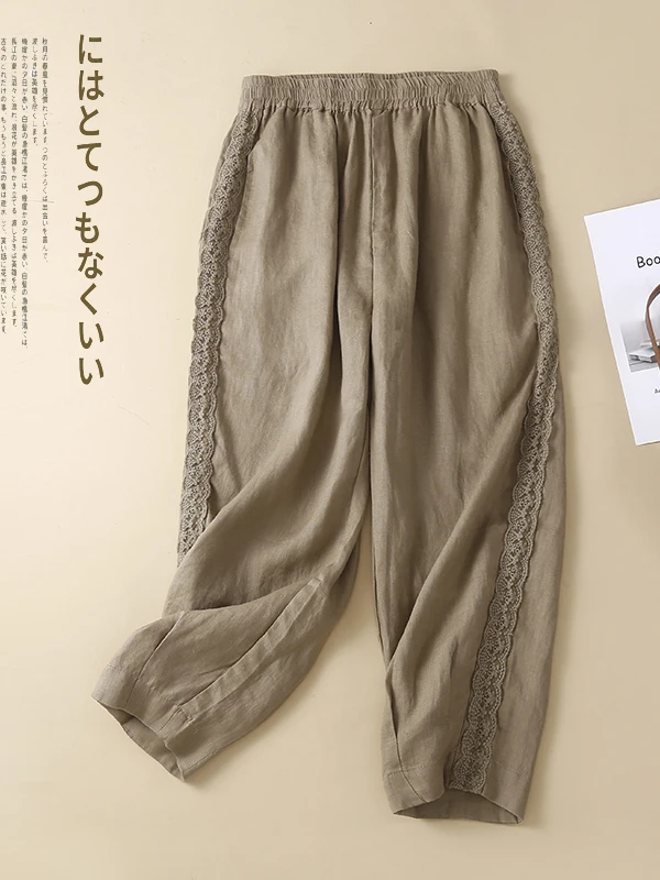 

Retro Cotton Linen Lace Casual Pants Large Size Harlan Women Summer Thin Linen Pants plus Size Drapey Nine Point Pants
