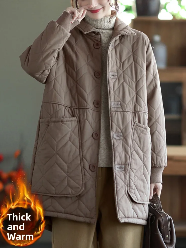

Женский стеганый жилет средней длины Thiened Cotton Jaet, длинное пальто на пуговицах в стиле ретро с ромбовидным узором для поездок на работу