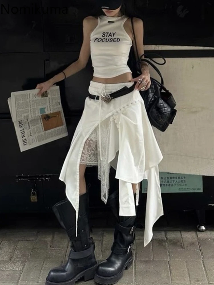 

Y2k Skirt Women Chic White Jupe High Waist A-line Summer Saia 2025 Faldas Mujer De Moda Casual Irregular Patchwork Lace Skirts