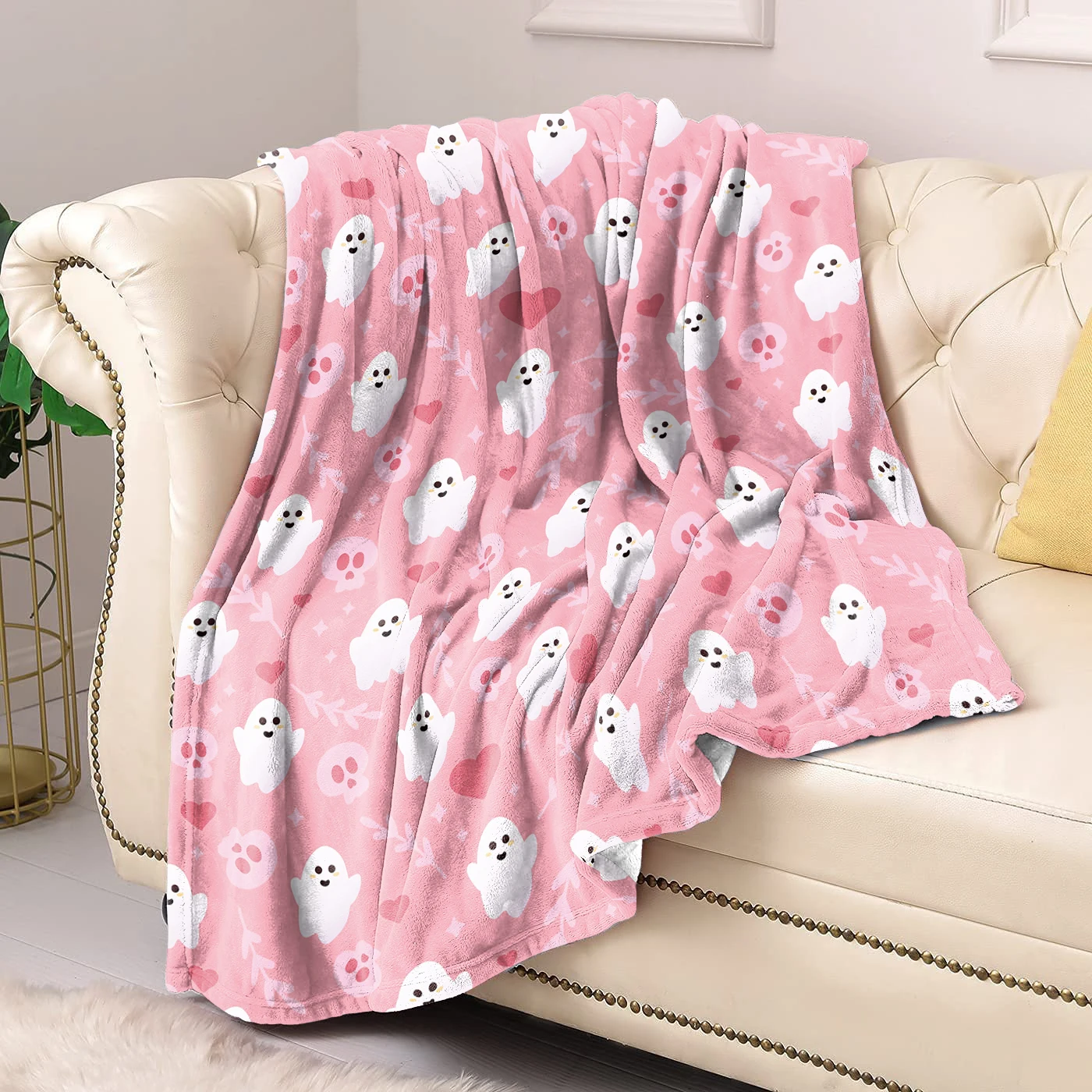 

Soft Halloween Blanket Cover Flannel Winter Warm Double-Sided Printed Pink Ghost Blanket Quilt for Bed Decor Home Bedsqread