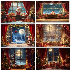 Merry Christmas Photography Background Santa Fireplace Winter Snow Christmas Tree Curtains Moon Xmas Eve NewYear Decoration Prop