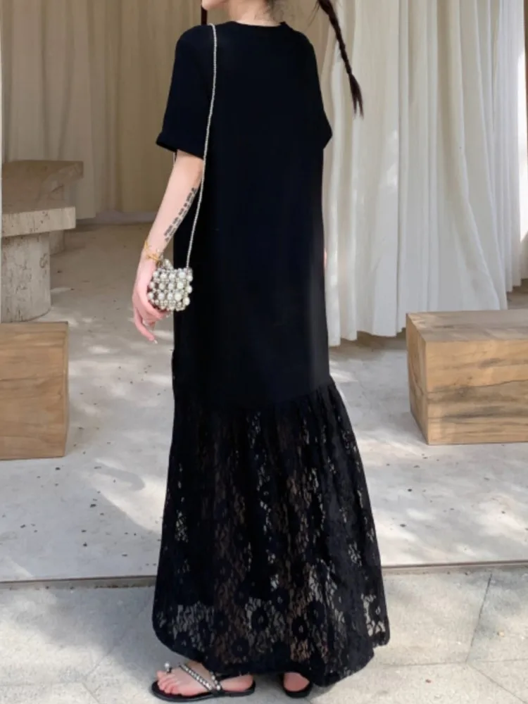Verão solto renda splice dupla camada ombro manga camiseta vestido preto estilo elegante venda quente da temporada vestidos casuais