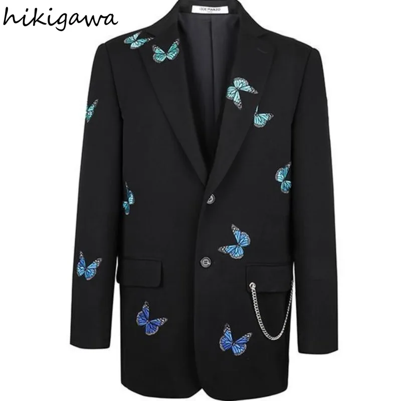 Streetwear Jackets Harajuku Fashion Black Blazer 2024 Ropa Mujer Oversized Tops Casual Chain Butterfly Embroidery Coat Women