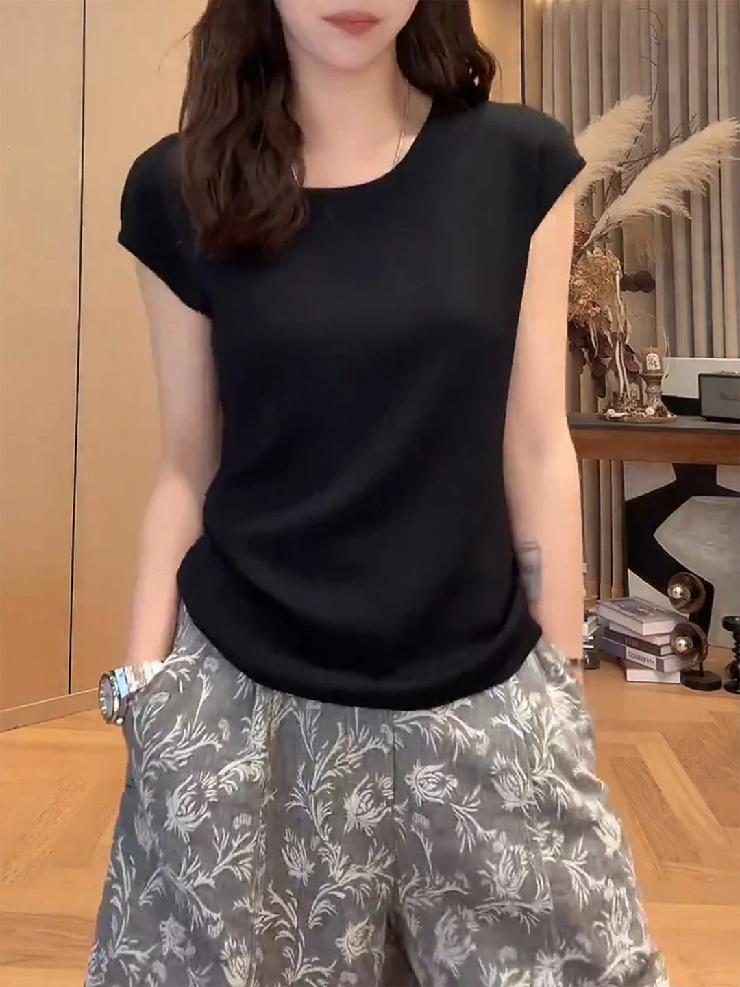 Black Drawstring Pleated Waist Short Sleeve Knitted Top Women Summer plus Size Slimming Stylish Commute Style Korean Version