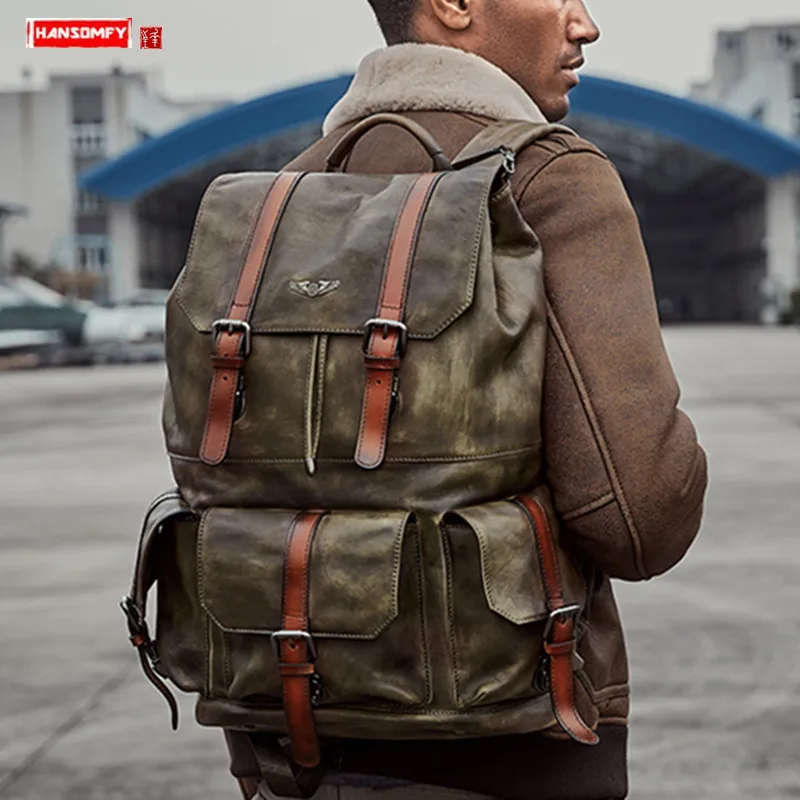 Men's Backpack Retro Full Leather Backpack Men Laptop Bag School Bag Men's Travel Backpacks Large-capacity First Layer Cowhide