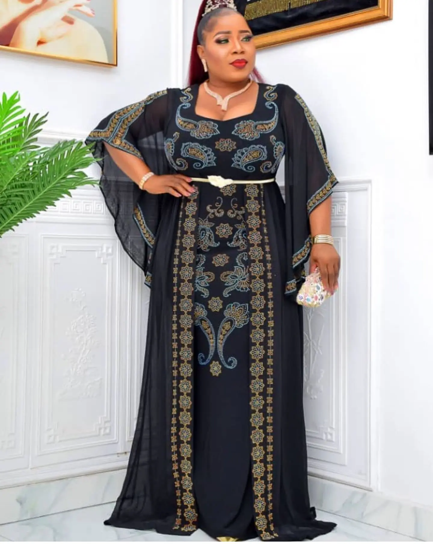 2022 Spring Autumn African Women Half Sleeve Black Red Dark Blue Polyester Long Dress African Robes  African Clothes for Women