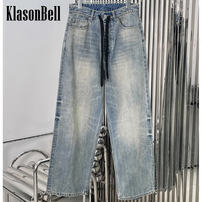 

7.21 KlasonBell Women Street Bandage Waist Hole Jeans Washed Distressed Button Fly Loose All-matches Straight Denim Pants