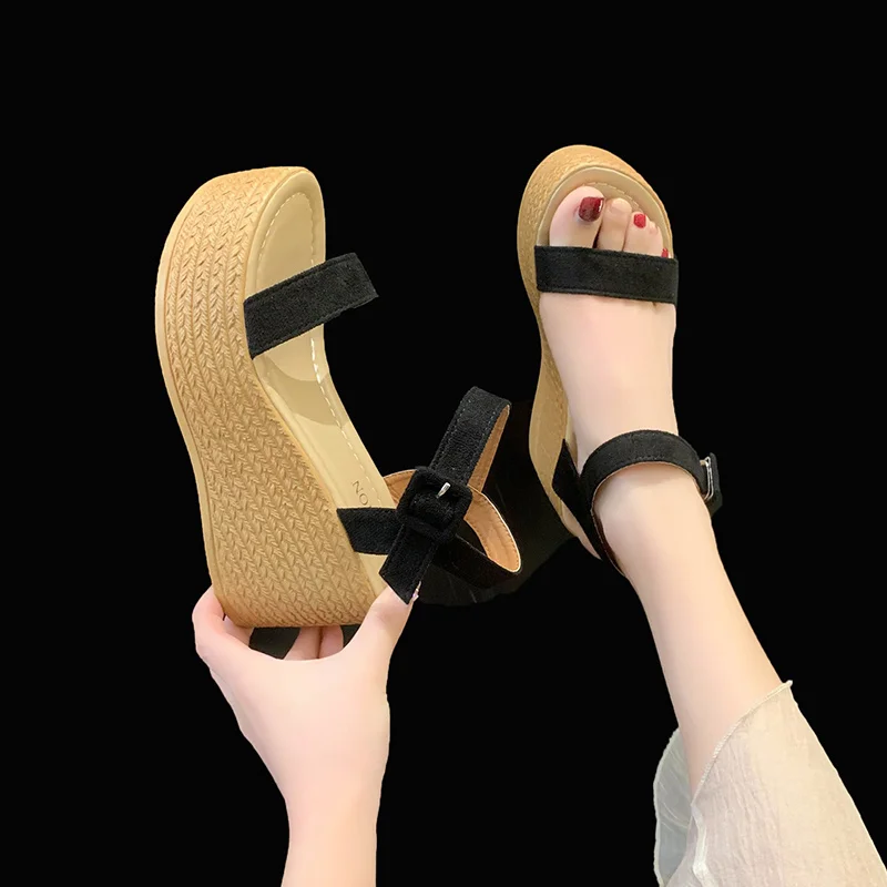 New Summer Style Fashionable Comfortable Wear-resistant Platform Wedge Platform Sandals Platform Solid Color Suede Women