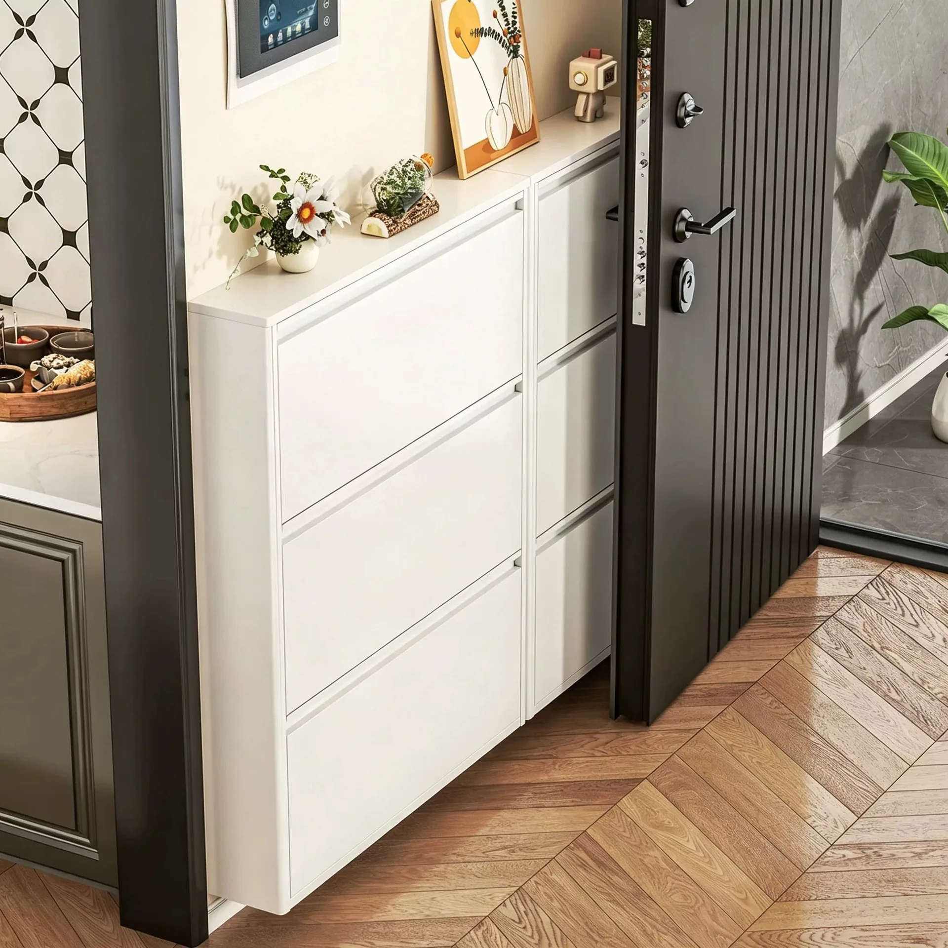 Steel ultra-thin tipping bucket shoe cabinet household door 2026 new entry door porch cabinet very