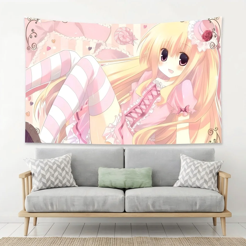 1pc Kawaii Lolita Anime Girl Tapestry, Pink Pastel Aesthetic Wall Hanging, Trendy Dorm Bedroom Living Room Decoration Items