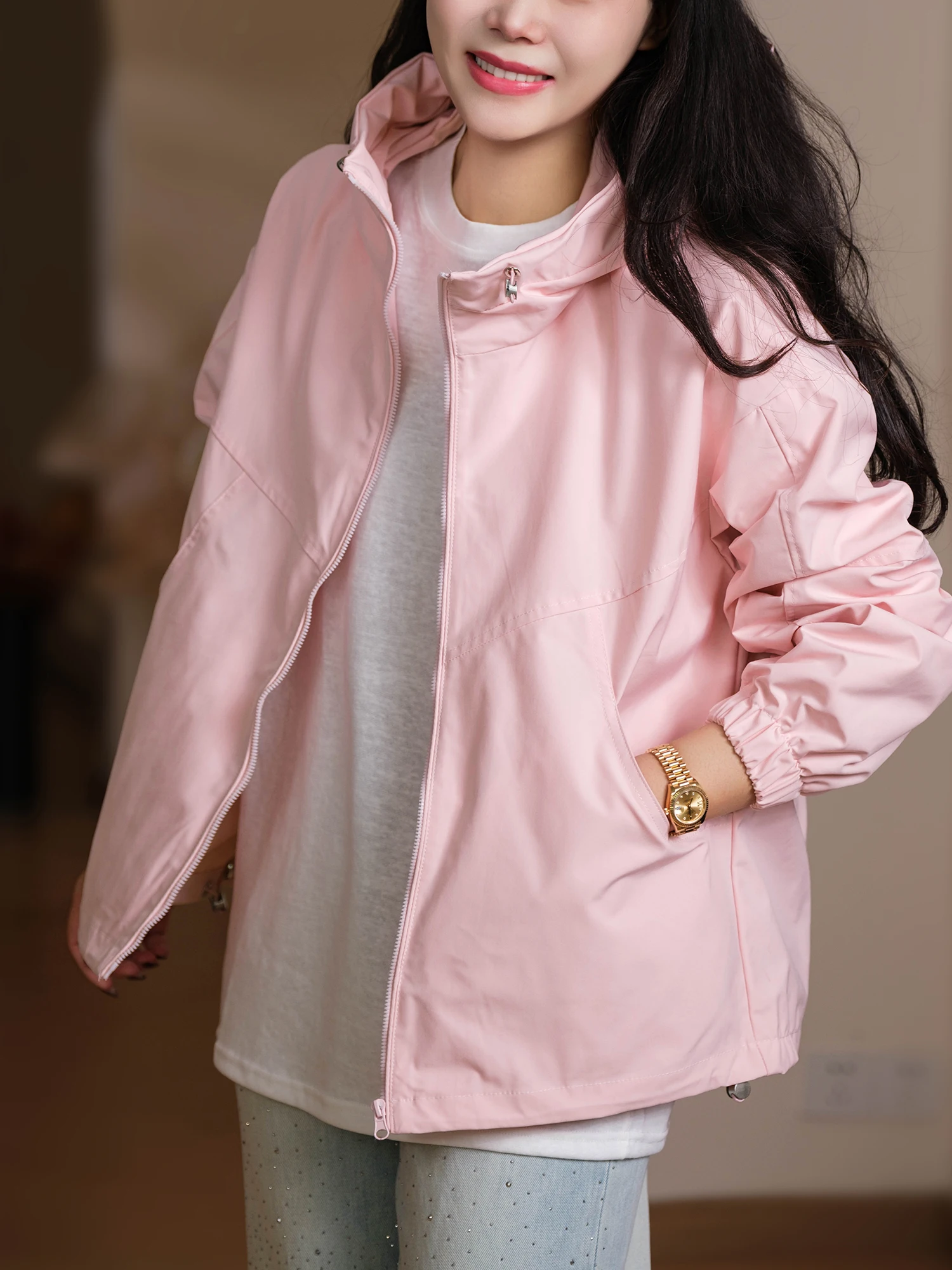 Smooth Zipper Hooded Pure Color Jacket Easy to Maintain Nylon Fabric Women's Casual Loose Fit Long Sleeve Coat No Detachable ...