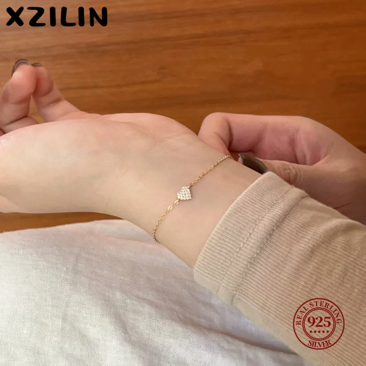 

XZiLin S925 Sterling Silver Plated 14K Gold Zircon Heart Adjustable Bracelet Unique Female Gift Fashion Jewelry Accessory