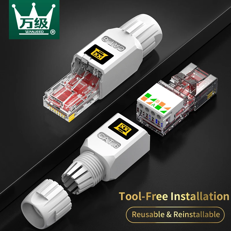 Коннектор WANJEED UTP RJ45 без инструментов для кабеля Ethernet Cat6, 1 шт., коннектор для кабелей Cat6A, Cat5E, LAN