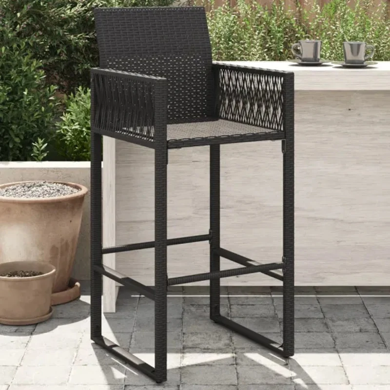 2 PCS Patio Bar Stools All Black Wrapped Poly Rattan Simple High Rattan Chair Casual Rattan Chair Suitable for Bar Living Room