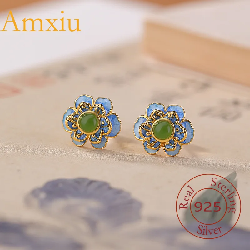 

Серьги Amxiu из стерлингового серебра 925 пробы с натуральным нефритом Хэтянь, позолоченная яшма, цветок сливы, эмаль, цвет, серьги в древнем стиле