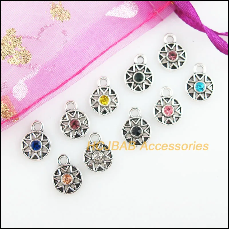 Fashion 30Pcs Tibetan Silver Plated Retro Sun Mixed Crystal Charms Pendants 8x11mm