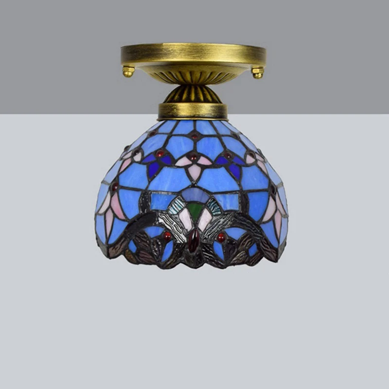 European Stained Glass Ceiling Light - Handcrafted Floral Rose Mosaic, Antique 8Inch Wide Flush Mount for Dining Room/Library