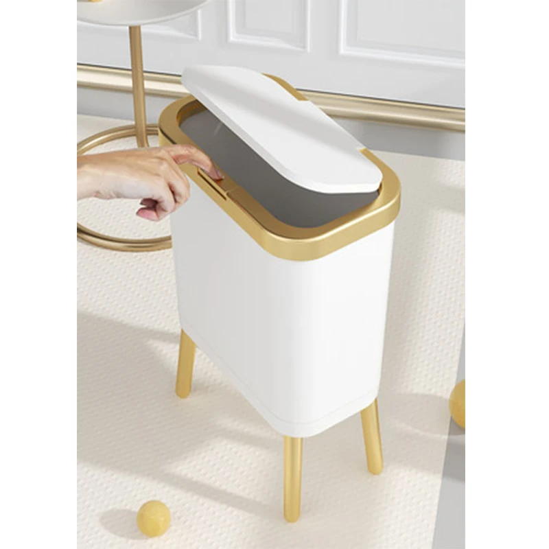 Waste Bins with Lid 15L Large-capacity Golden Luxury Trash Can for Kitchen Bathroom Creative High-foot Press Type Plastic