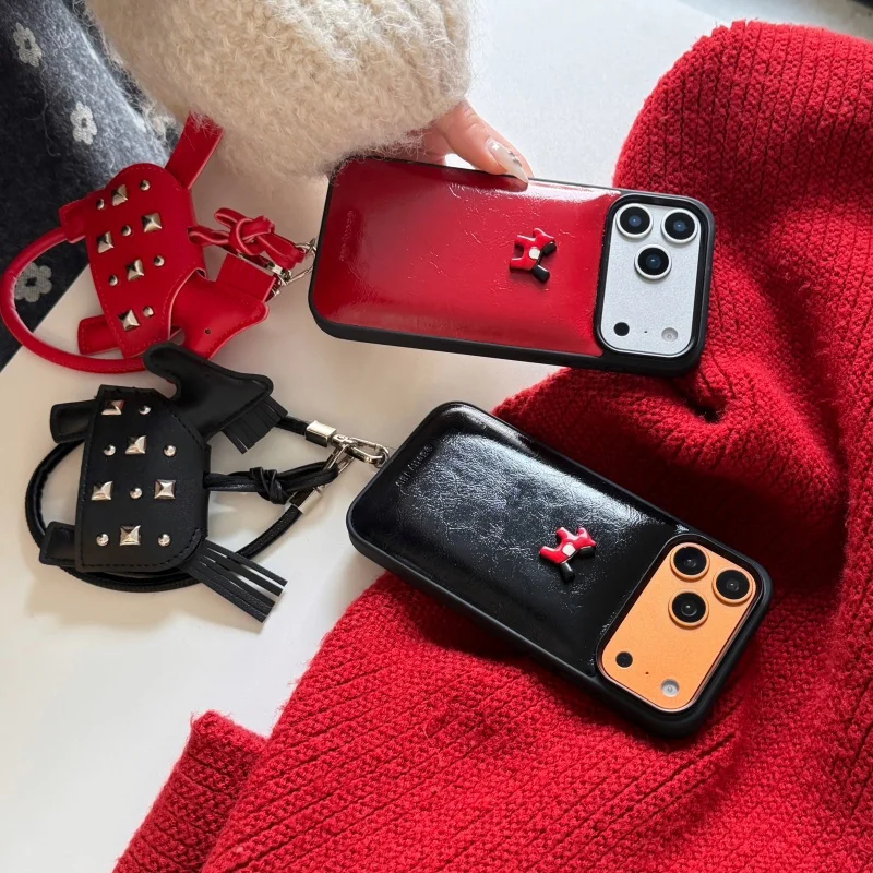 

Fashion Glossy Leather 3D Pony Cute Phone Case For iPhone 17 Pro Max 14 15 16 Pro Back Cover with Pendant Hand Rope Shockproof C