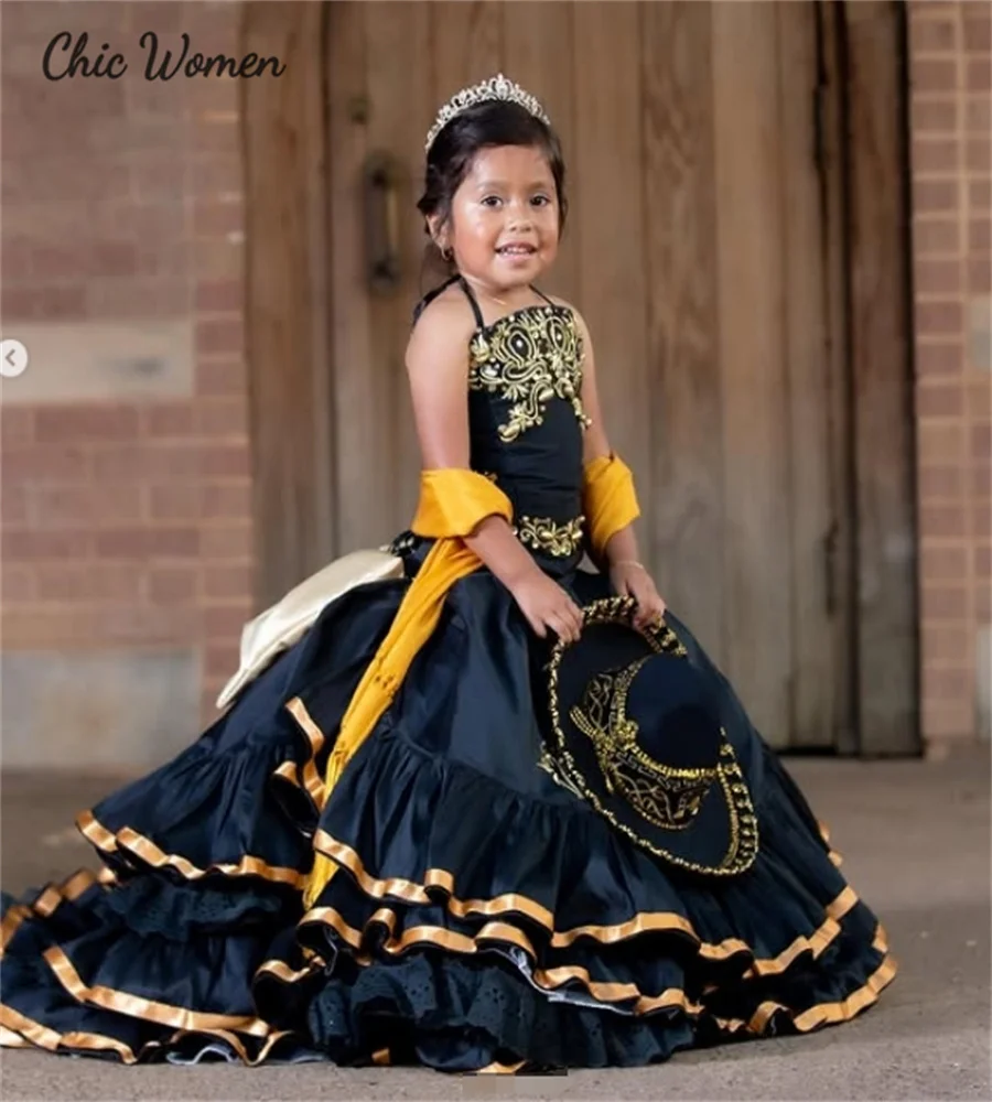 

Princess Mexican Flower Girls Dresses A Line Halter Tiered Birthday Dress Mariachi Kids Embroidery Pageant Party Gown Customized