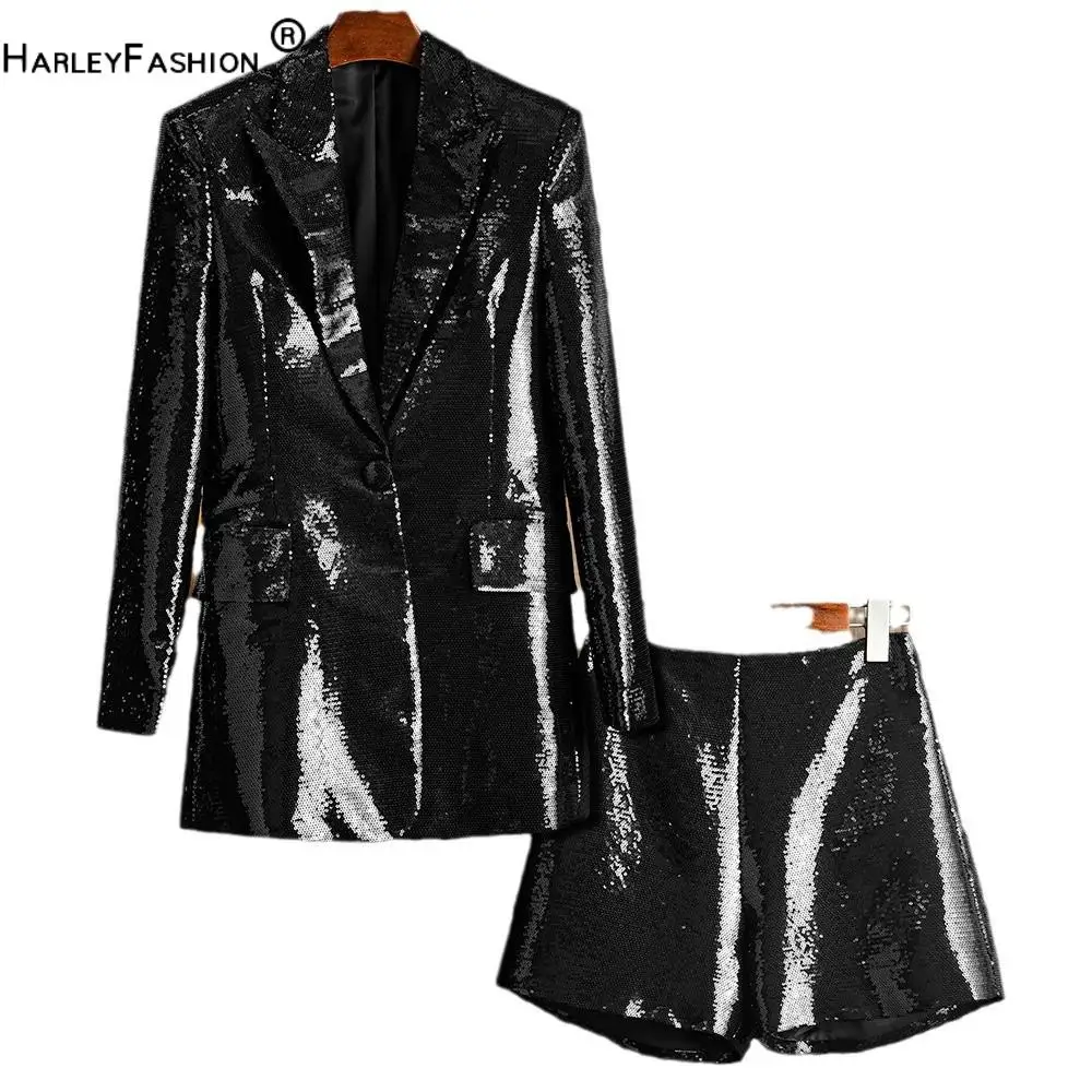 

Lady Spring Autumn Stylish Office Shinny Suit Single Button Blazer Straight Shorts Sequins Streetwear Women 2Pcs