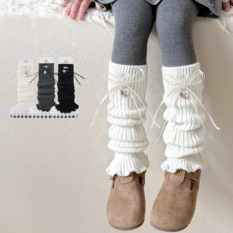 Children Girls Leg Warmers Ruffle Trim Bow Slouch Knitted Leg Covers Solid Color Winter Warm Boot Cuff Leg Socks for Girls