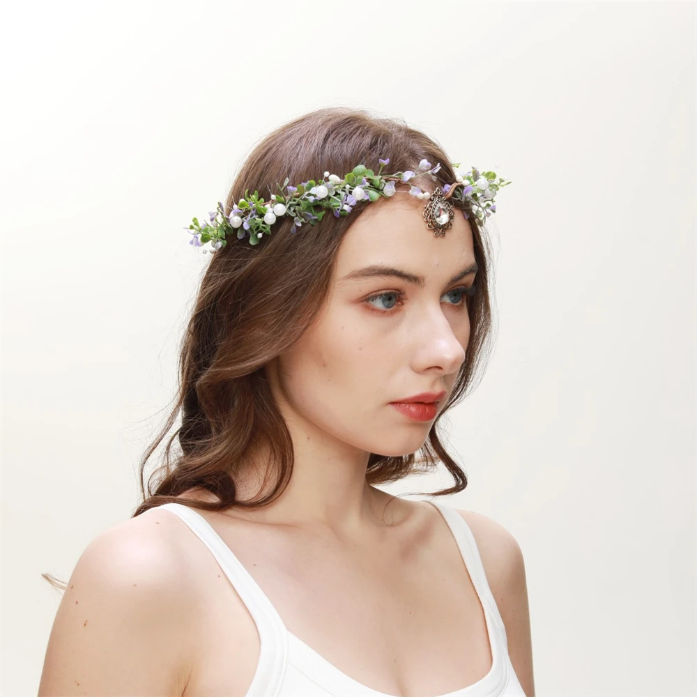 Handmade Floral Crown Headband Crystal Vintage Elf Role Playing Headdress Bridal Wedding Wreath Hairband Princess Hair Hoop