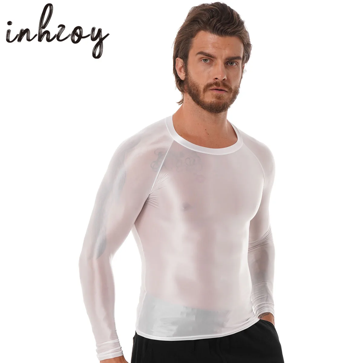 Mens Glossy Smooth T-shirt Top Oil Shiny Long Sleeve Slim Fit Gym Yoga Sport Tight Tee Sportwear Transparent Rave Party Clubwear