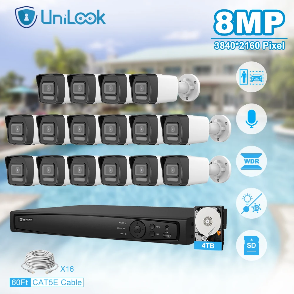 

Unilook Security Protection 8MP Mini IP Camera System Kit 16pcs IP Camera Indoor 16CH 4K NVR CCTV Security System P2P View IP66