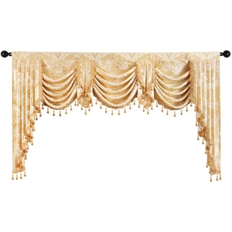 Dourado Jacquard Cachoeira Valance, Rod bolso e cortina, 2 painéis, Grommet Top