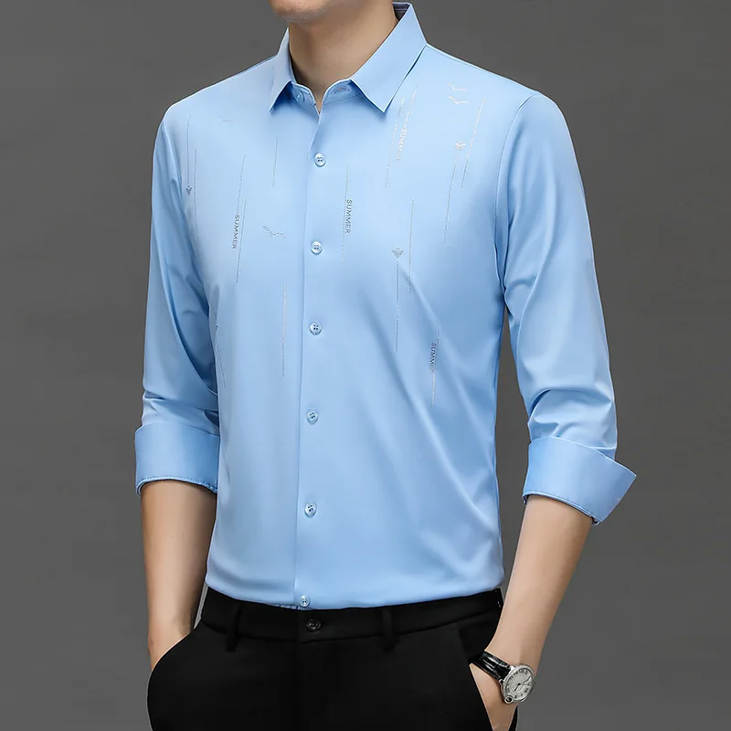 Summer New Seamless Shirts for Men Business Casual Printed Short Sleeves Button Up Shirt Men Fashion Simple Tops Chemise Homme