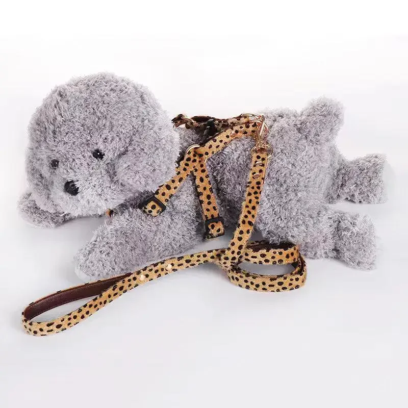 Leopard with Hair Fashion Pet Collar Set Dog Substantial Harnesses Traction Rope Suit Adjustable Cute Pet Decoration Accessories